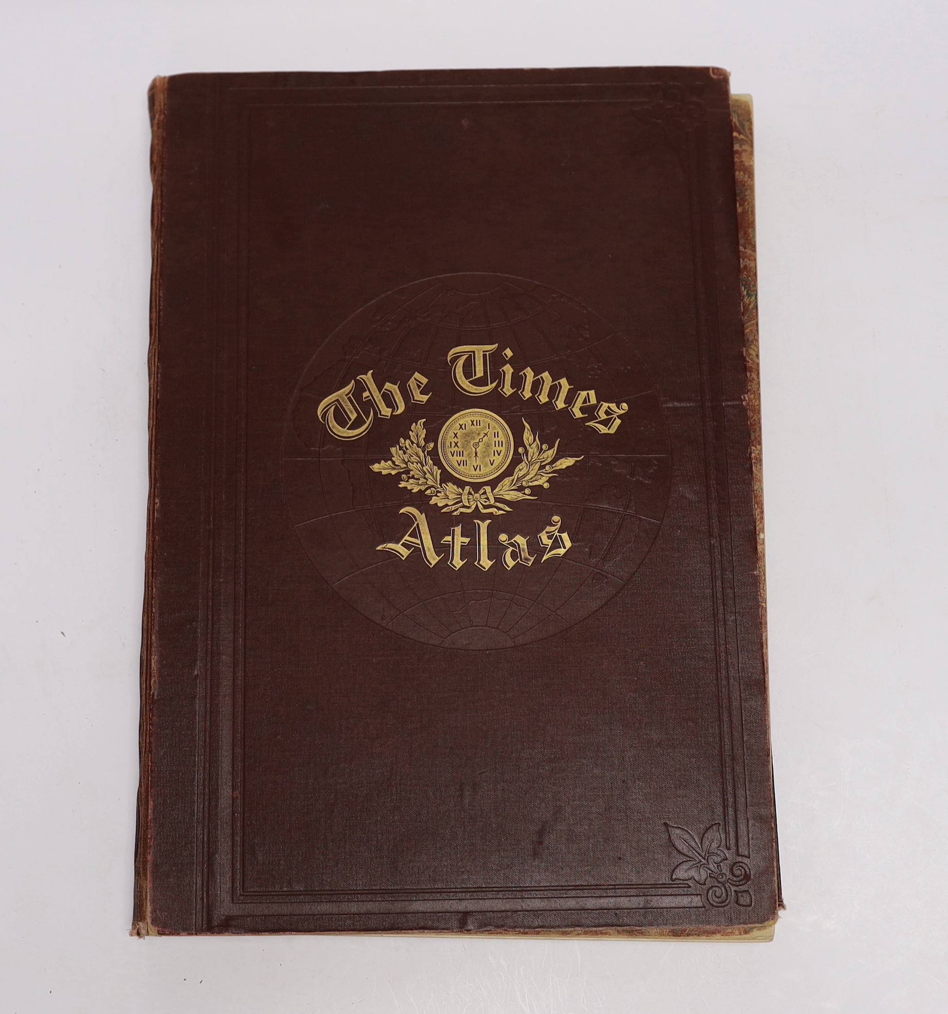 'The Times' Atlas. many d-page and other coloured maps, detailed letterpress index; publisher's gilt cloth, folio. 1899